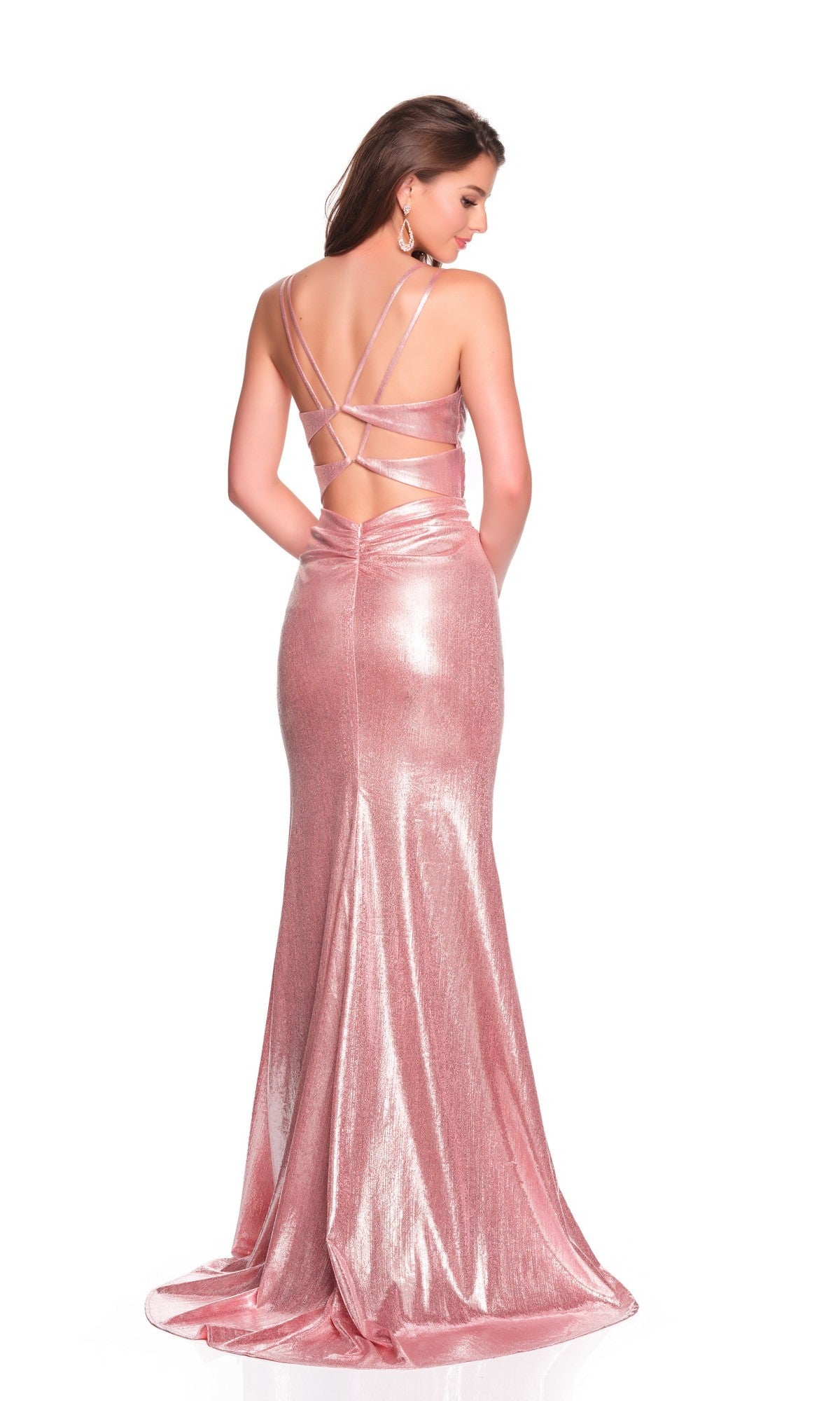 A woman poses against a plain white background wearing the Dave and Johnny 12429 long prom dress—a shimmery, sleeveless pink gown with a v-neckline, floor-length skirt, and open strappy back.